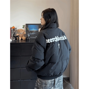 美式满天星立领面包服男女冬季加厚情侣短款外套设计感酒红色棉衣图片