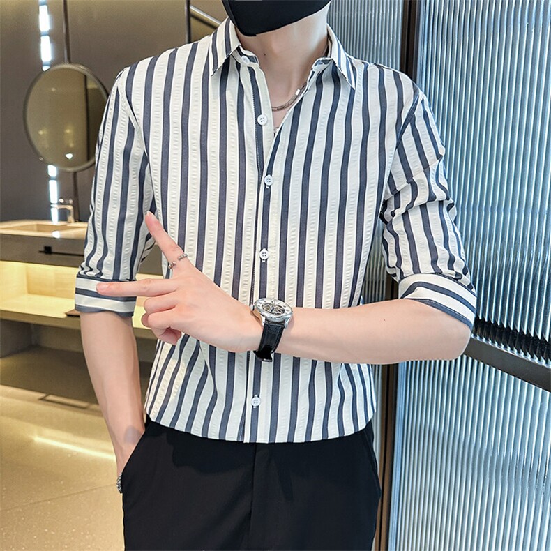 夏季男士七分袖印花衬衫男休闲修身条纹衬衣A236-A41-P55,男装衬衫,电商A236