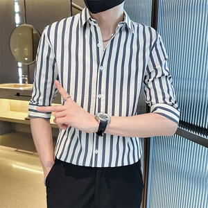 夏季男士七分袖印花衬衫男休闲修身条纹衬衣A236-A41-P55图片