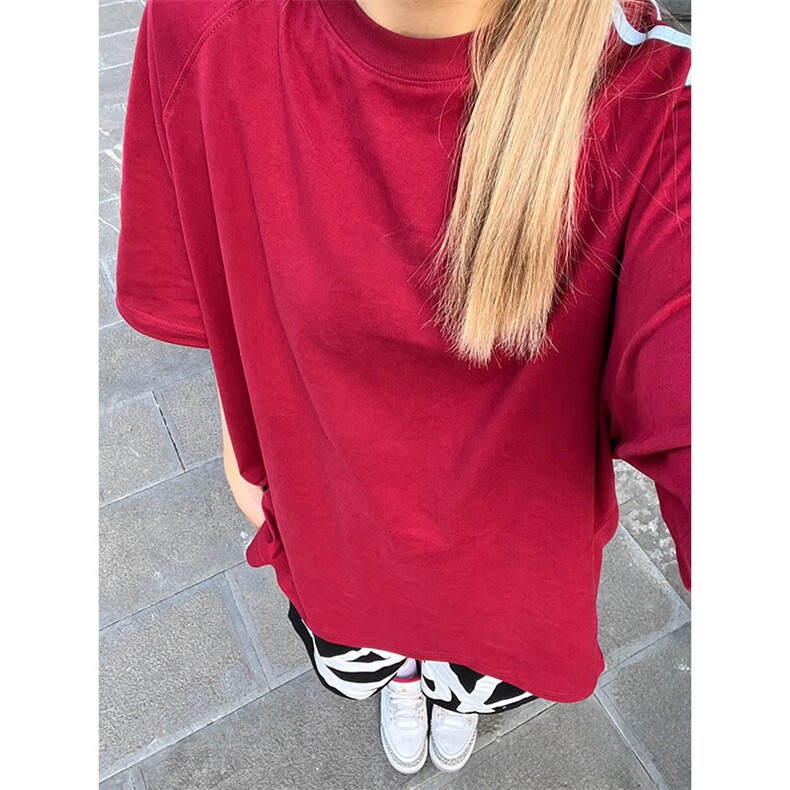 抖音得物高品质二开240克宽松纯棉美式潮牌三条杠织带短袖T恤,男装T恤,电商A486