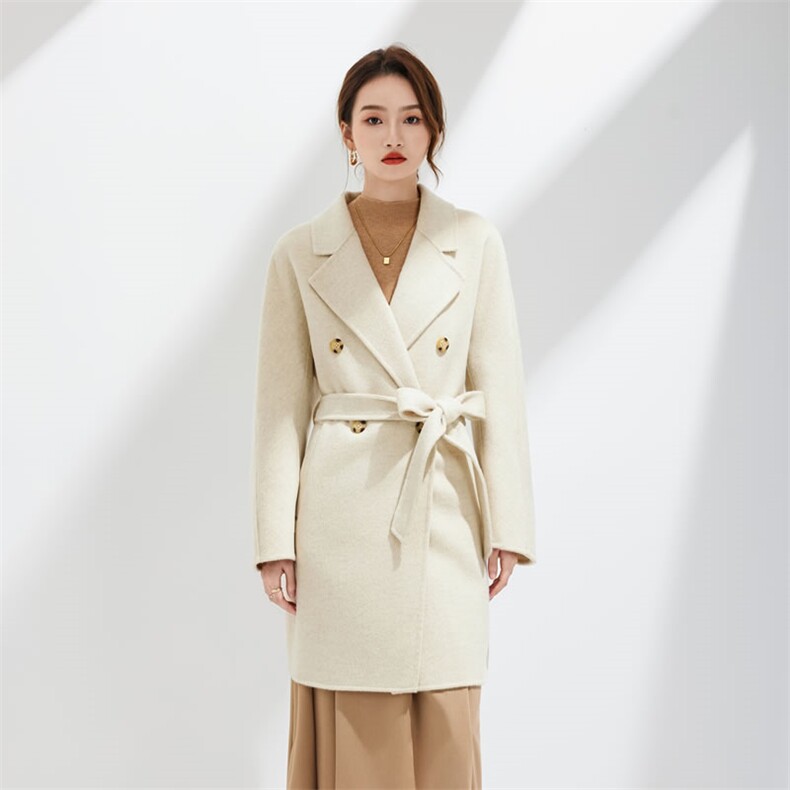 秋冬季时尚百搭羊毛V领腰带简约优雅双面呢大衣，女装双面呢大衣，阿吉丽克
