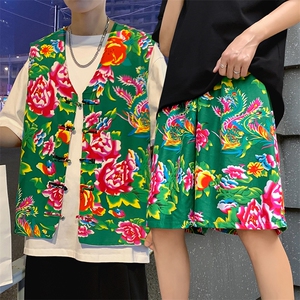 TZ02东北大花民族风风马甲短裤套装大码抖音网红同款汉服男女图片