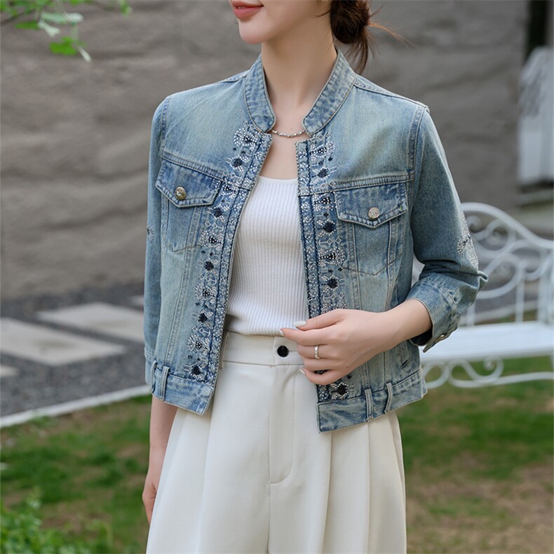 欧洲站设计感重工钉珠牛仔外套女2024春季新款新中式时尚百搭上衣,女装牛仔外套,美拉德工厂直营店
