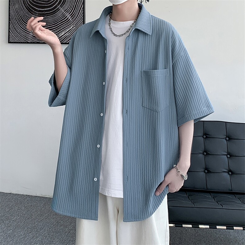 2023夏季凉感冰丝垂坠感休闲衬衣男痞帅休闲宽松短袖衬衫C844-P45，男装衬衫，电商A001