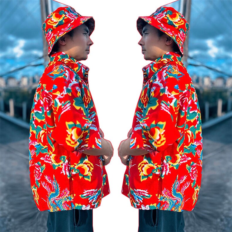 C203男士休闲长袖衬衫宽松文艺东北大花风民族衬衣喜庆情侣装，男装民族服装，星座115A-2