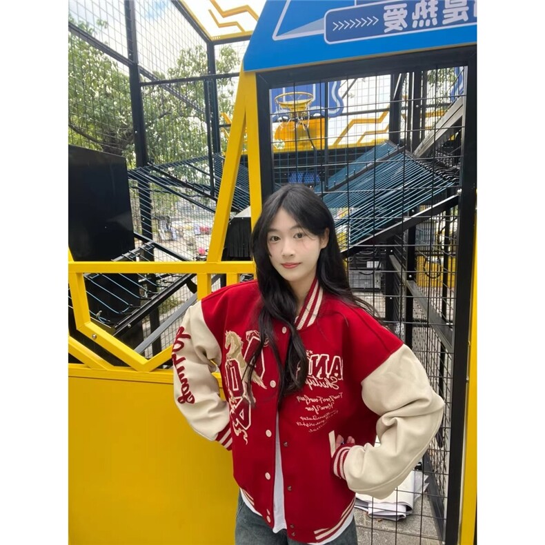 美式高街重工刺绣马年夹克棒球服女2026夹棉加厚宽松情侣红色外套,男装夹克,星座715-4