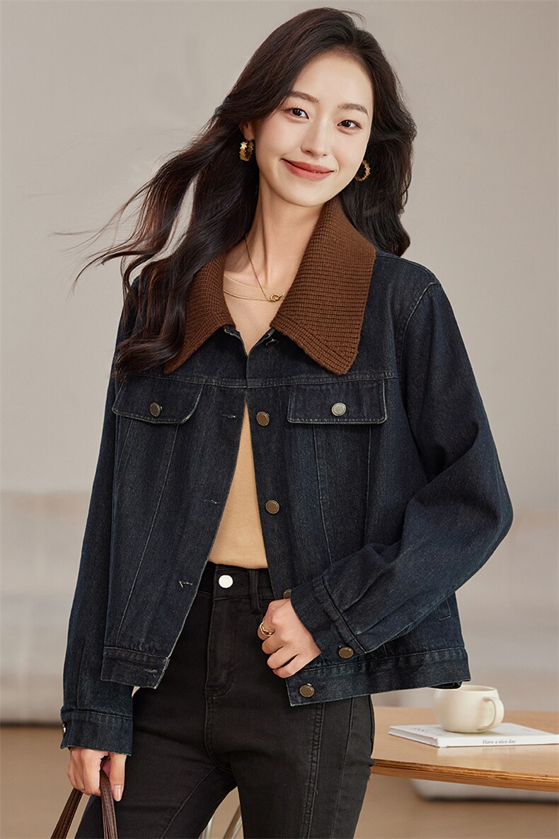 可拆卸针织翻领夹棉牛仔外套女2024秋冬新款复古时尚百搭加厚上衣,女装牛仔外套,文熹诺