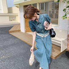 高级感蕾丝拼接牛仔衬衫套装裙女2025夏新款高腰显瘦半身裙两件套，女装套装/套裙，2C159