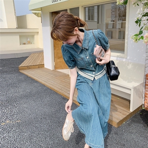 高级感蕾丝拼接牛仔衬衫套装裙女2025夏新款高腰显瘦半身裙两件套图片