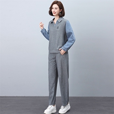 卫衣套装女款20245春秋新款休闲牛仔拼接翻领两件套，女装套装/套裙，忆绮罗