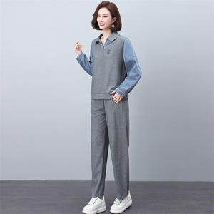 卫衣套装女款20245春秋新款休闲牛仔拼接翻领两件套图片