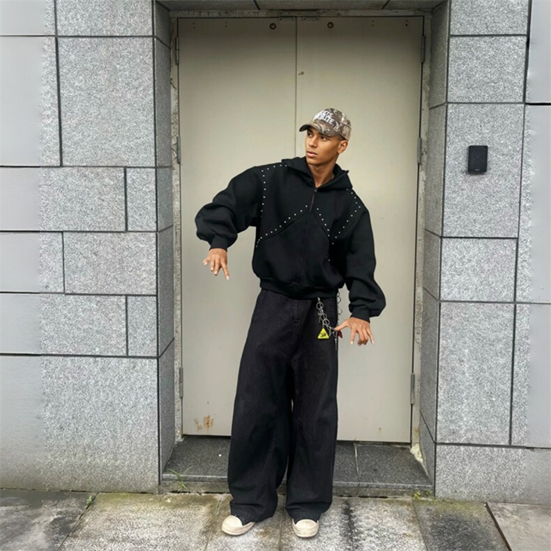 抖音得物高品质 26春装美式高街铆钉杜宾犬耳朵开衫卫衣外套W125图片