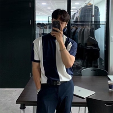 夏季新款拼接翻领短袖polo衫男士半袖针织衫高端弹力修身休闲上衣，男装针织衫/毛衣，星座506A