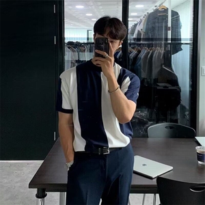 夏季新款拼接翻领短袖polo衫男士半袖针织衫高端弹力修身休闲上衣图片