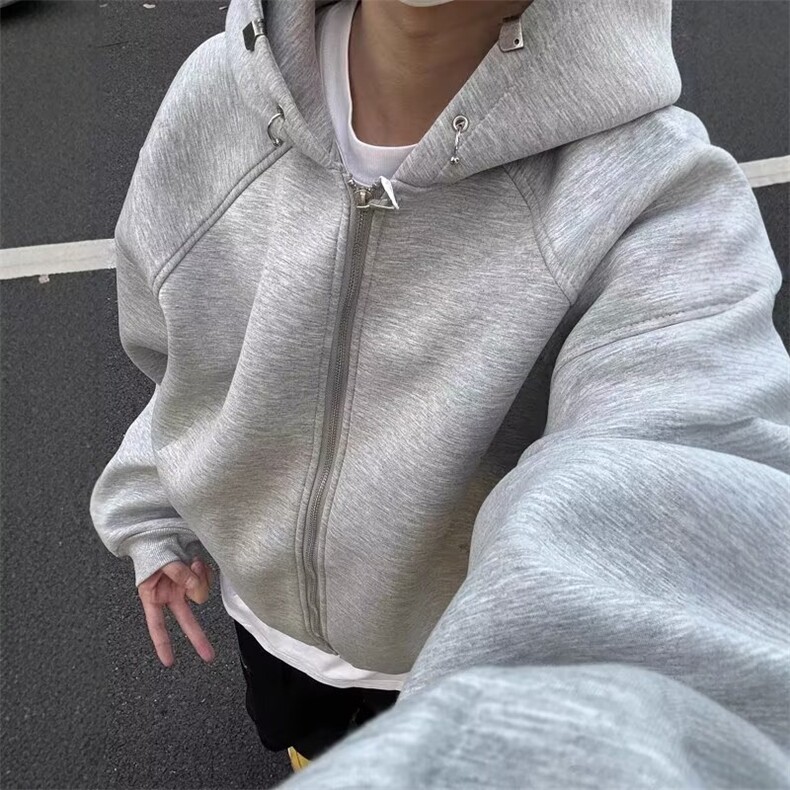 网络图 美式开衫卫衣男秋冬款连帽外套短款廓形夹克帽衫图片