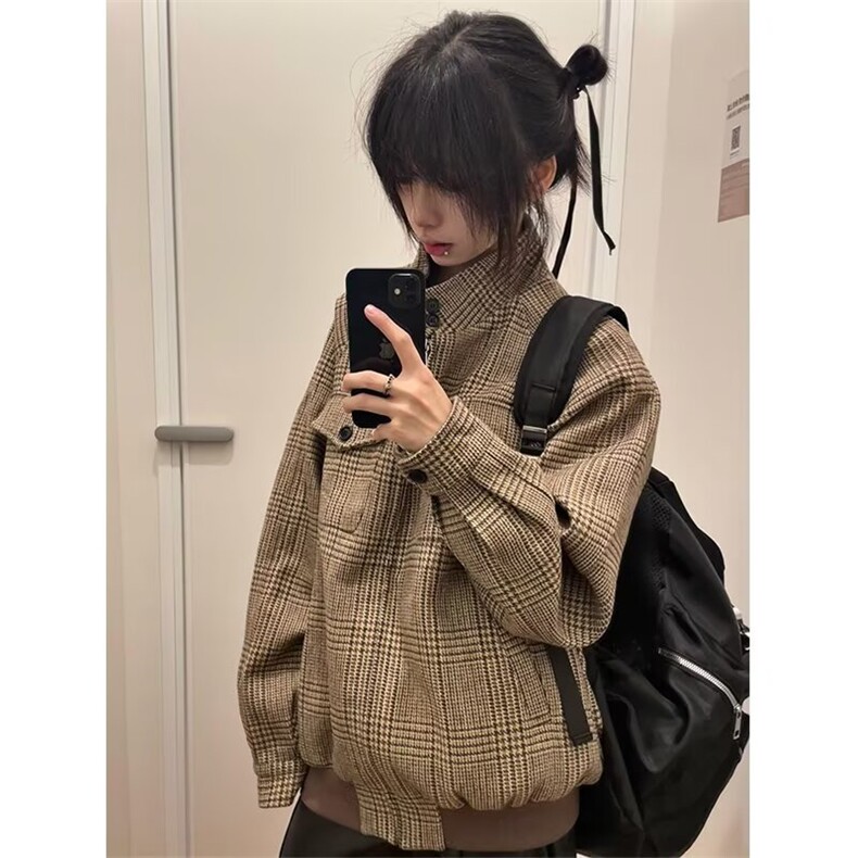 Y6627-P72外套女秋季新品简约系带下摆立体感千鸟格子休闲立领，女装短外套，电商B323A