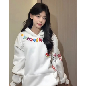 美式复古涂鸦卡通字母印花男女情侣连帽2025卫衣秋冬宽松外穿上衣图片