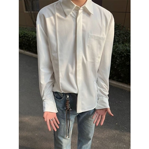 秋季设计感高级休闲白色衬衫男长袖免烫纯色内搭衬衣-C3388-P55图片
