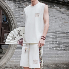 刺绣风休闲运动套装男背心短裤两件套拼接潮A266-TZ2207-P43，男装牛仔裤，电商A266