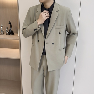 2026春季男装深黛蓝色绅士双排扣西装欧美大气戗驳领西服两件套装图片