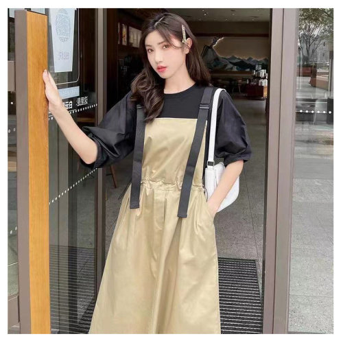 bf网红文艺套装裙女夏新款显瘦工装泡泡袖减龄上衣背带收腰两件套，女装连衣裙，潮品会