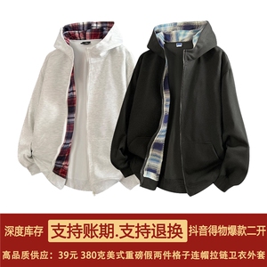 抖音得物二开25秋冬美式重磅假两件格子连帽卫衣开衫外套W17图片