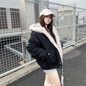 现货高品质美式高街冬季重磅硬挺短款座山雕毛领棉衣男女加厚外套
