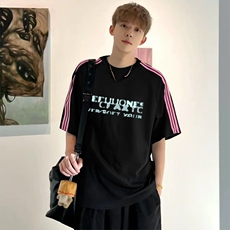 抖音得物品质二开240克宽松纯棉美式潮牌印花三条杠中性风短袖T恤，男装T恤，电商A486-1