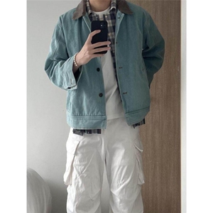 秋季美式复古翻领夹克牛仔外套男女情侣Cleanfit潮流LK88266-P70图片