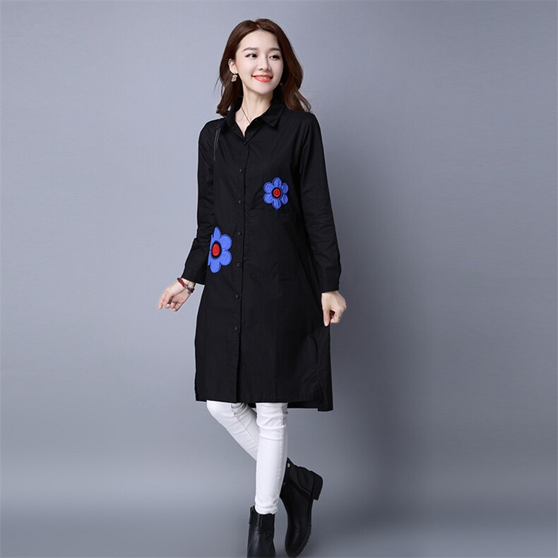 2021年春季长袖中长款衬衫方领排多扣通勤绣花,女装衬衫,独衣靓