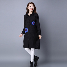 2021年春季长袖中长款衬衫方领排多扣通勤绣花，女装衬衫，独衣靓