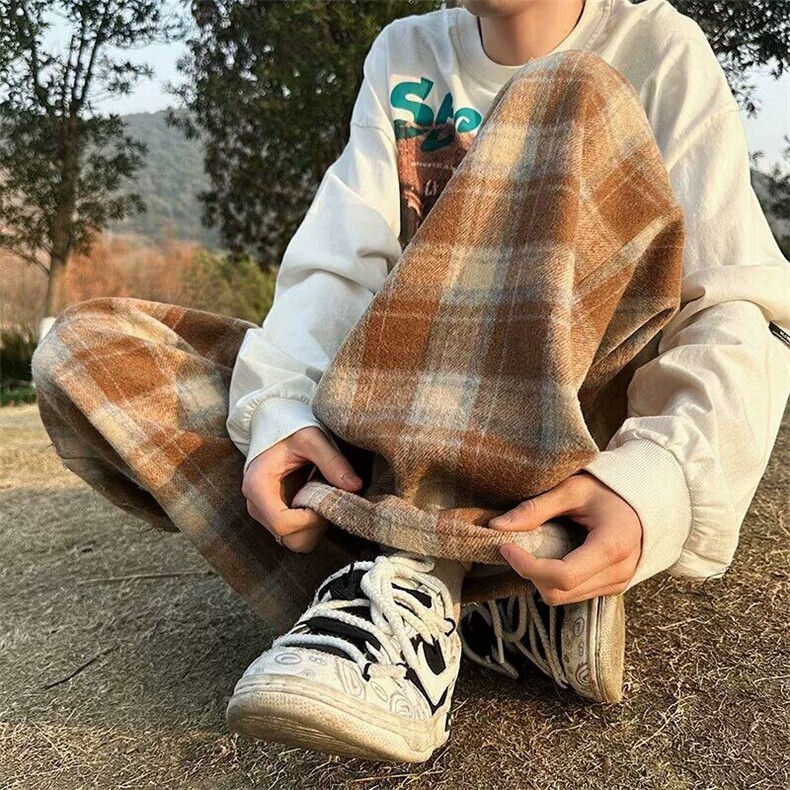 红色格子裤子春秋冬新款高腰垂感阔腿裤休闲加厚毛呢棉裤KK351-45，男装棉裤，星座911-3