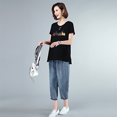 套装/套裙2021年夏季时尚圆领印花舒适牛仔裤插袋两件套，女装套装/套裙，独衣靓