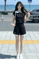 欧货休闲运动套装女夏新款拼接撞色海军领收腰短袖上衣短裤两件套，女装套装/套裙，江南
