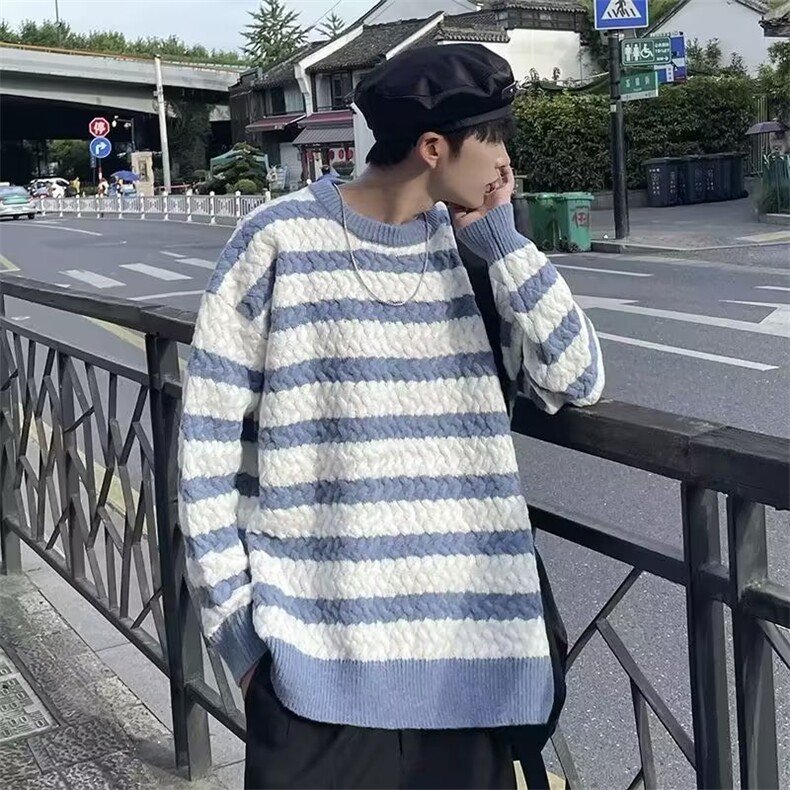 港风街头潮流条纹毛衣男秋冬季潮针织衫 M2005 P48图片