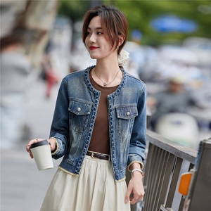 小个子牛仔外套女2025春秋季新款今年流行时尚圆领夹克上衣简约图片