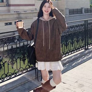 美拉德宽松bf慵懒风小皮衣女2025秋季新款美式设计感连帽拼接外套图片