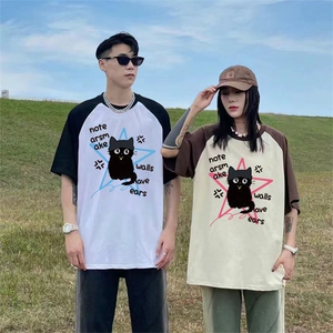 抖音得物供货240克宽松纯棉美式潮牌印花插肩袖拼接短袖T恤AT1518图片