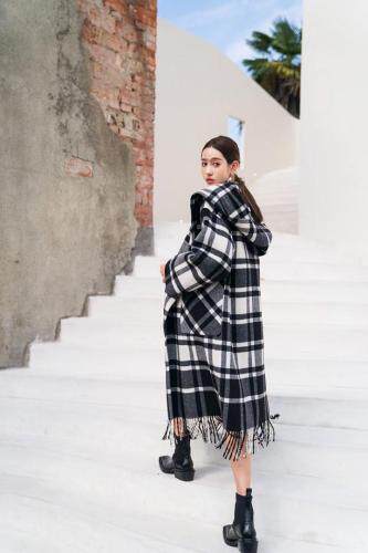 冬季新款黑白大格纹流苏双面呢大衣，女装，AUDREY WANG