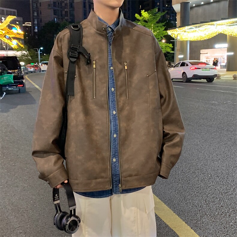 立领机车外套男春秋美式痞帅青年铆钉复古做旧皮夹克JK0193-P88,男装夹克,星座308B-2