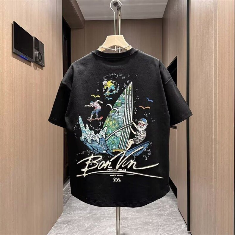 潮流时尚百搭帆船漫画卡通男士发泡刺绣印花短袖 T恤休闲宽松半袖图片