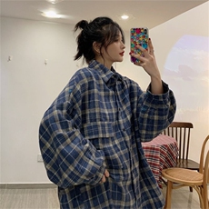 TC647-P502025早春新款磨毛加厚格子翻领长袖衬衫宽松慵懒衬衣，女装衬衫，星座617A-2