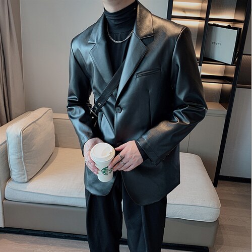 男士小众网红韩版复古pu皮西装宽松加棉加厚皮外套西装XZ036-P130，男装西服套装，电商B267