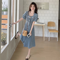 1D091-8445-P145K198鱼尾摆方领泡泡袖牛仔连衣裙，女装连衣裙，1D091-1