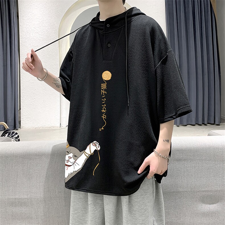 LD54013-P45 连帽短袖t恤男大码胖子带帽五分袖中袖 大皂风图片