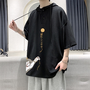 LD54013-P45 连帽短袖t恤男大码胖子带帽五分袖中袖 大皂风图片