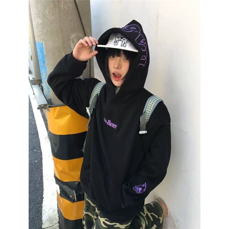 美式复古火焰字母刺绣连帽卫衣2025男女新款情侣秋冬季帽衫外套潮图片