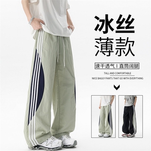 悟空有货潮牌夏季撞色条纹抽绳运动裤男复古街头宽松百搭休闲长裤图片