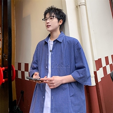 格子短袖衬衫男夏季新款港风宽松纯棉衬衣DX101-P35，男装衬衫，星座214-3