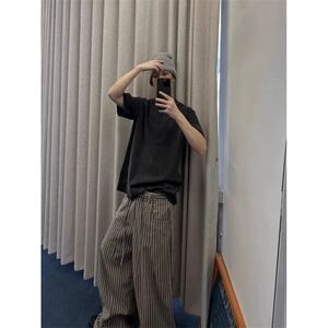 宽松慵懒黑白条纹棉麻阔腿裤松弛感复古休闲直筒拖地裤子 XRG113图片